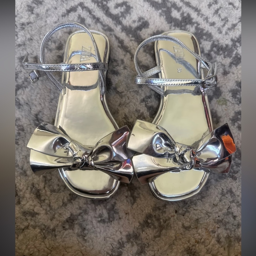 Zara Metallic Silver Bow Sandals